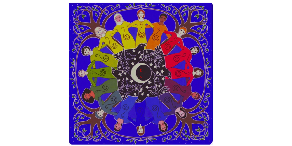 Cirkulär illustration med personer i regnbågens färger, omgivna av träd på blå bakgrund.