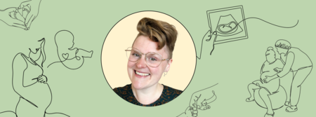 Illustration med graviditetstema, linjeteckningar av gravida personer, ultraljud och händer på grön bakgrund.