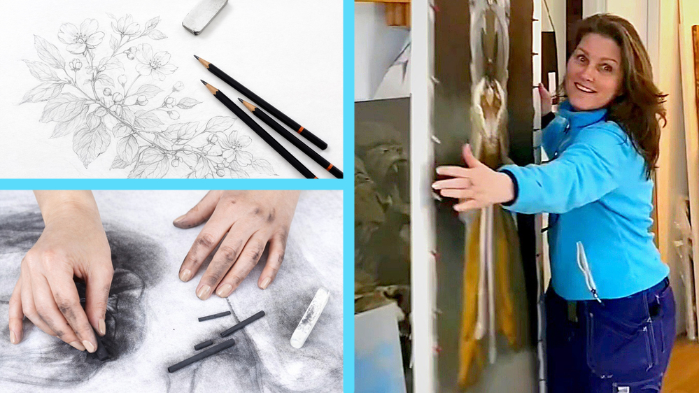 Collage med blyertsteckning av blommor, händer som ritar med kol och person som hanterar tavlor i ateljé.
