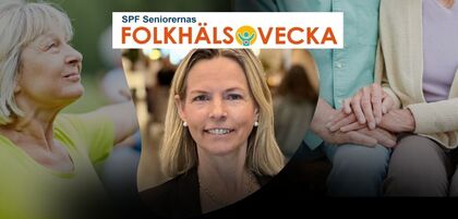 Banner för SPF Seniorernas Folkhälsovecka med äldre personer, händer som håller och text i orange och blått.