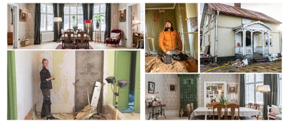 Collage med bilder från renovering och inredning av ett äldre hus, både utvändigt och invändigt.