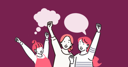 Illustration av tre glada personer med uppsträckta armar och pratbubblor på lila bakgrund. En persons ansikte är suddat.