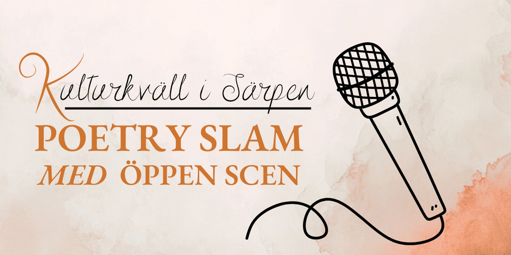 Affisch med text om kulturkväll och poetry slam, samt en tecknad mikrofon på ljus bakgrund.
