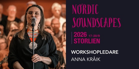 Affisch för Nordic Soundscapes 2026 i Storlien med workshopledare Anna Kråik, person vid mikrofon och publik i bakgrunden.