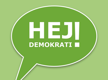 Grön pratbubbla med texten 'HEJ! DEMOKRATI' på ljusgrön bakgrund.