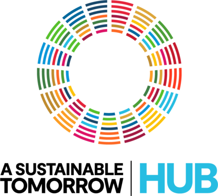 Färgglad cirkel med texten 'A Sustainable Tomorrow HUB' under, symboliserar hållbar utveckling.