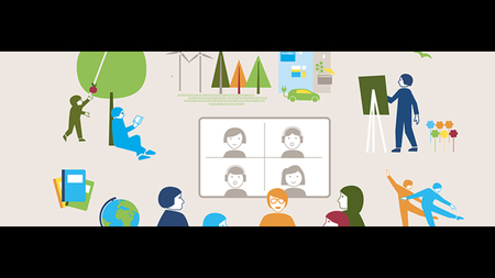 Illustration av barn och vuxna som lär sig och leker utomhus och digitalt, med färgglada figurer och objekt.