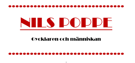 Textbild med röd och svart text: 'Nils Poppe' och 'Gycklaren och människan', dekorerad med röda prickar.