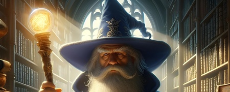 En trollkarl i blå mantel och hatt står i ett bibliotek, håller en stav och läser en bok omgiven av ljus och böcker.