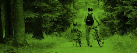 En förälder och ett barn leder var sin cykel på en skogsväg.