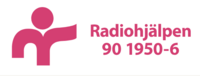 Logotyp för Radiohjälpen med rosa symbol och texten 'Radiohjälpen 90 1950-6' på vit bakgrund.