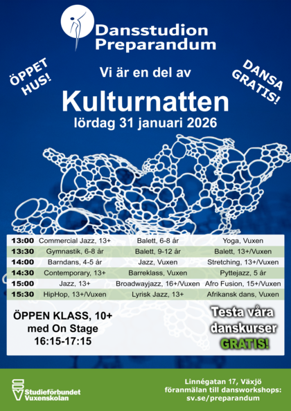 Affisch för Dansstudion Preparandum om öppet hus under Kulturnatten 31 januari 2026 med schema för gratis dansklasser.