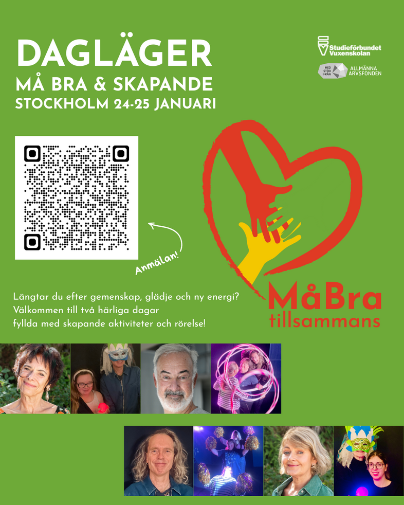 Affisch för dagläger i Stockholm med tema välmående och skapande, 24-25 januari. QR-kod för anmälan och färgglada bilder på aktiviteter.
