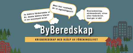 Informationsbild om byberedskap med pratbubblor om krisberedskap, hus, träd och byggnader mot blå bakgrund.