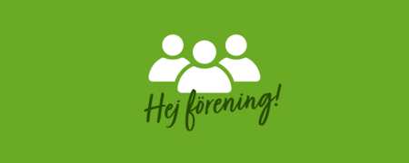 Tre illustrerade människor i vitt, texten "Hej förening" i mörkgrönt, allt mot ärtgrön bakgrund.