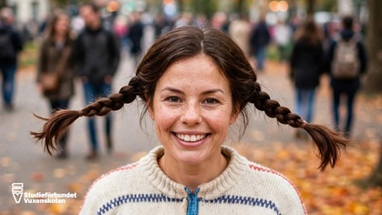 Leende kvinna med flätor står utomhus på en höstig gata med suddig folkmassa i bakgrunden.