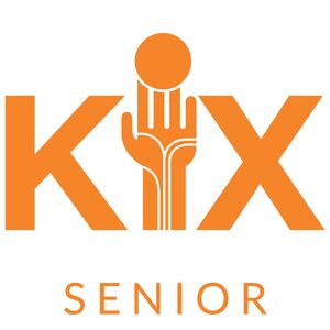 Logotyp med texten 'KIX SENIOR' och en stiliserad hand som håller en cirkel mellan bokstäverna K och X.
