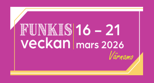 Affisch med texten Funkisveckan 16–21 mars 2026, Värnamo, på lila bakgrund med gula och vita detaljer.