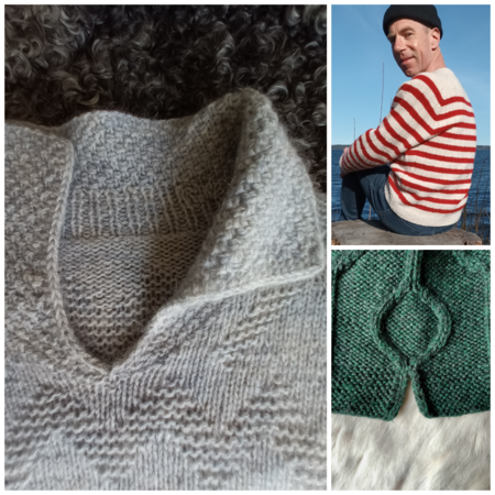 Tre stickade plagg: en grå tröja med krage, en rödvit randig tröja och en grön stickad detalj.