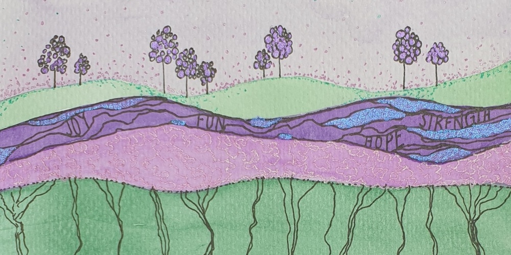 Abstrakt landskap i gröna och lila nyanser med träd och ord som 'JOY', 'FUN', 'HOPE', 'STRENGTH', 'HAPPINESS'.
