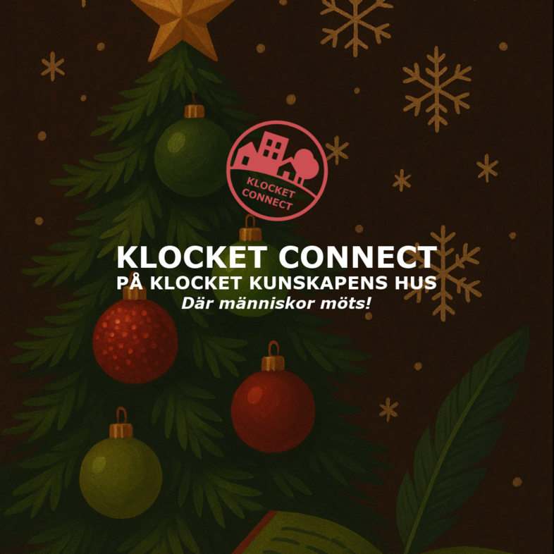 Illustration av en julgran med kulor och text om Klocket Connect på svenska.