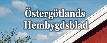 Omslag till Östergötlands Hembygdsblad med röd stugvägg, vit takkant och blå himmel.