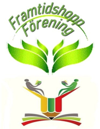 Logotyp med texten 'Framtidshopp Förening', gröna blad och två stiliserade personer som läser böcker ovanför en öppen bok.