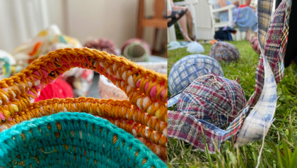 Närbild av virkade korgar och tygbollar, inomhus och utomhus på gräs, med människor i bakgrunden.