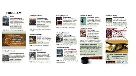 Programöversikt för en veckas evenemang med datum, tider och platser, samt bilder och textblock.