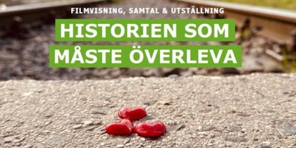 Närbild på röda stenar på marken vid järnvägsspår, med text om filmvisning och utställning.