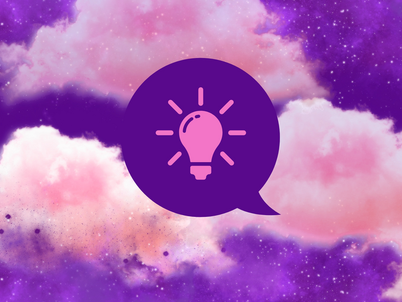 Illustration av en pratbubbla med en glödlampa mot en bakgrund av rosa och lila moln och stjärnor.