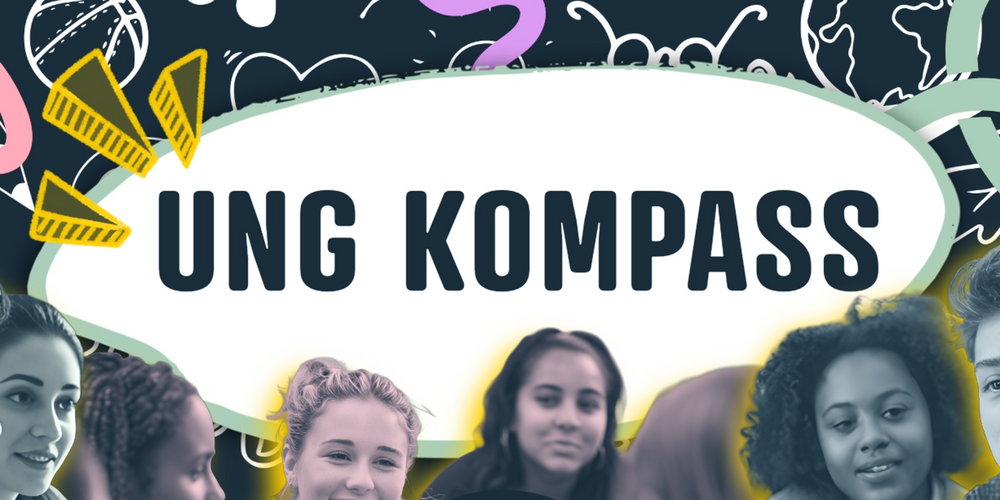 Ungdomar sitter i grupp med texten 'UNG KOMPASS' och grafiska element i bakgrunden.