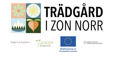 Logotyp för projektet 'Trädgård i zon norr' med symboler för natur, EU-flagga och samarbetspartners.