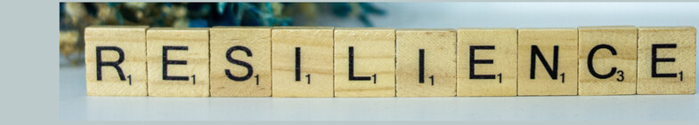 Träklossar med bokstäver som bildar ordet 'RESILIENCE' på ett vitt underlag.