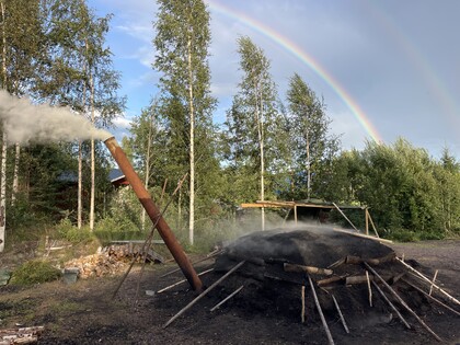 En kolmila ryker i en skogsglänta med regnbåge i bakgrunden under en klar himmel.