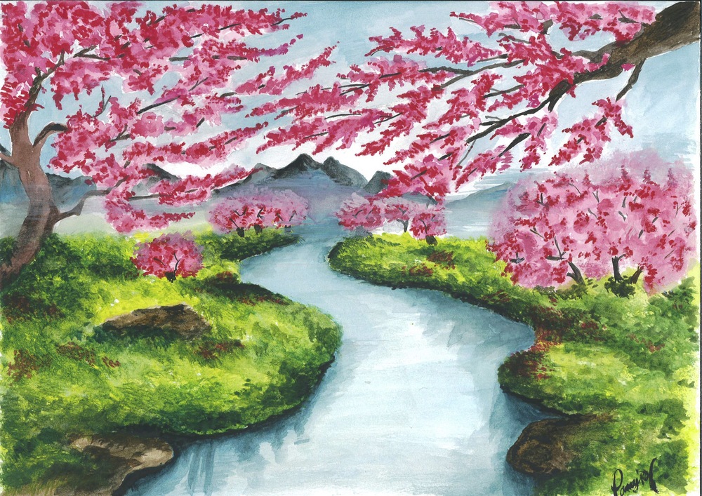 Målad landskapsbild med blommande körsbärsträd, en flod och gröna kullar under blå himmel.