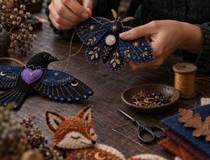 Händer broderar en blå fjäril av filt, omgiven av broderade djur och material på ett träbord.