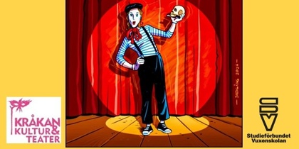 En tecknad mimare står på en teaterscen med en dödskalle i handen, röda gardiner i bakgrunden.