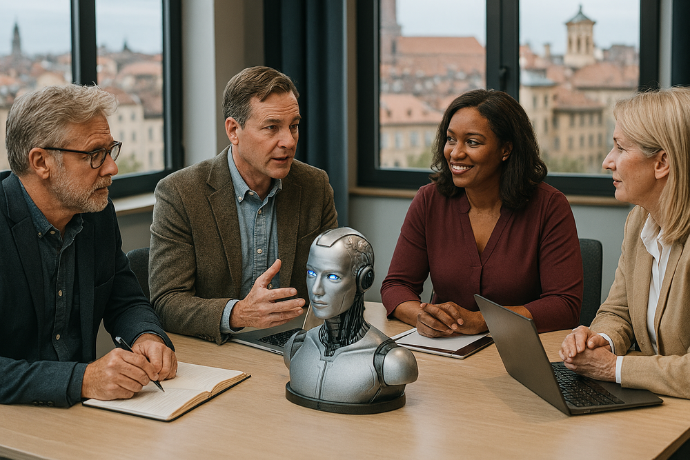 Fyra personer sitter runt ett bord i ett kontor och diskuterar med en robotbyst mellan sig.