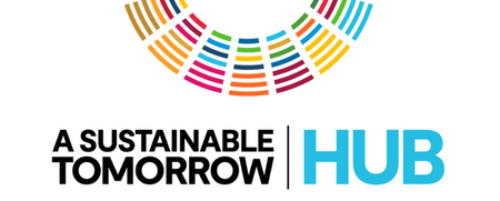 Logotyp med färgglad cirkel och texten 'A Sustainable Tomorrow HUB' på vit bakgrund.