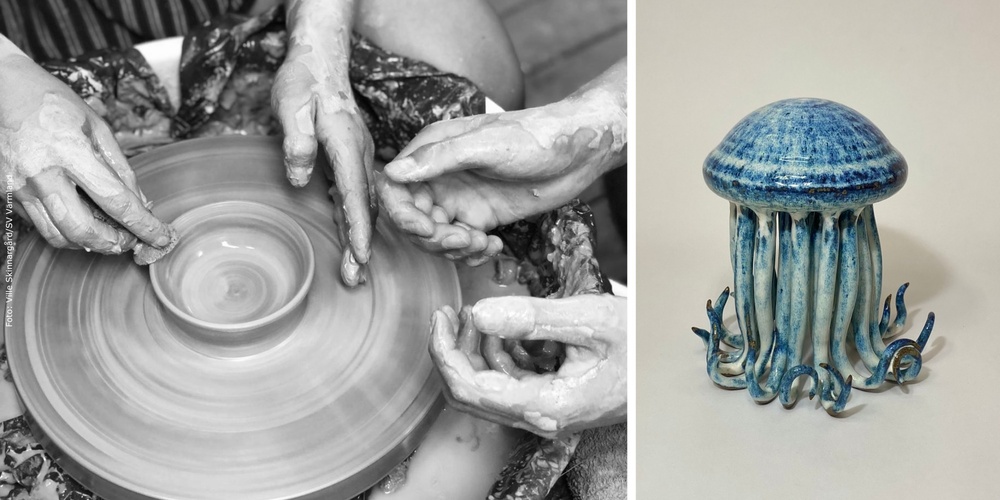 Tvådelad bild: till vänster händer som formar lera på drejskiva, till höger blå keramikskulptur som liknar en manet.