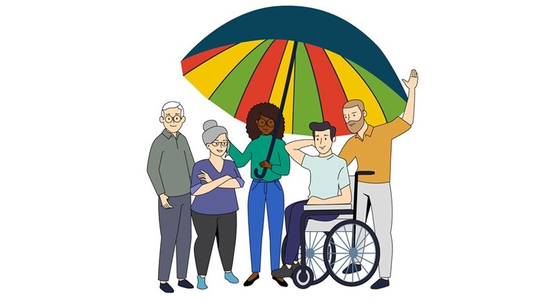 Fem personer står under ett stort paraply.