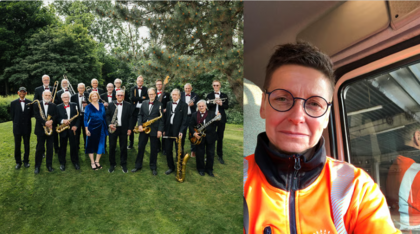 Tvådelad bild: till vänster en stor orkester utomhus, till höger en person i orange arbetskläder i ett fordon.