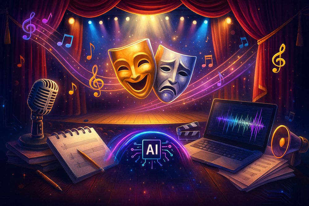 Färgstark scen med mikrofon, anteckningsblock, laptop och musiknoter, AI-symbol i centrum.
