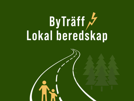 Illustration med texten 'ByTräff Lokal beredskap', en väg, två personer och granar på grön bakgrund.
