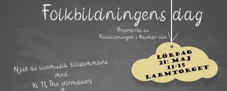 Affisch för Folkbildningens dag med information om evenemanget på Larmtorget 21 maj.