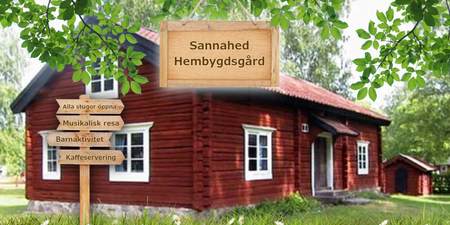 Röd timmerstuga med vita knutar, grönt gräs och skyltar om aktiviteter vid Sannahed Hembygdsgård.