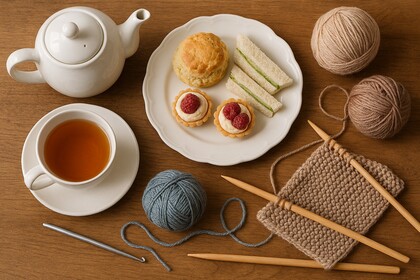 En kopp te, en tekanna, en tallrik med bakverk och smörgåsar samt garnnystan och stickning på ett träbord.