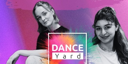 Bild på två dansare som tittar i kameran. Det står Danceyard på en skylt i neon