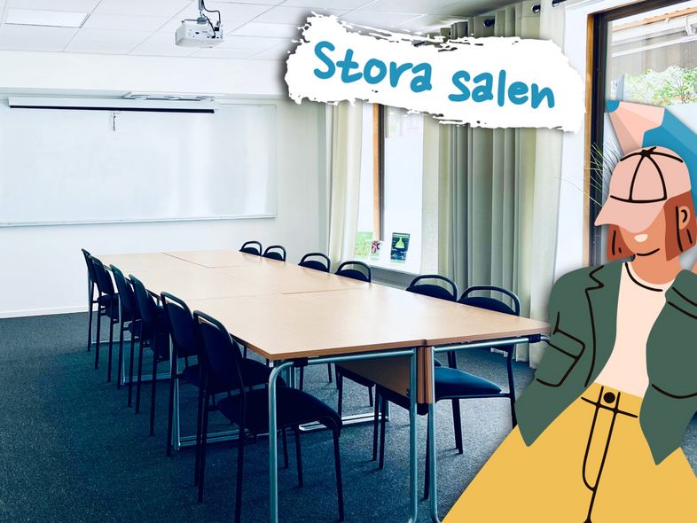 Ljust konferensrum med bord, stolar, whiteboard och tecknad figur. Texten 'Stora salen' syns.